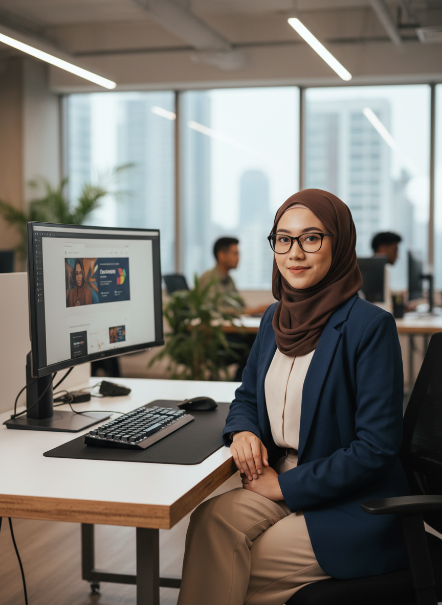 A professional portrait of a young Southeast Asian Muslim woman web designer in a modern office workplace. She wears a dark brown hijab, black glasses, and smart formal attire suitable for a professional tech environment. She is seated or standing confidently at a clean modern desk with a computer monitor showing web design work (wireframes or website UI). The background is a bright, modern open-plan office with soft bokeh. Confident, approachable expression. Realistic photography style, professional studio-quality lighting.